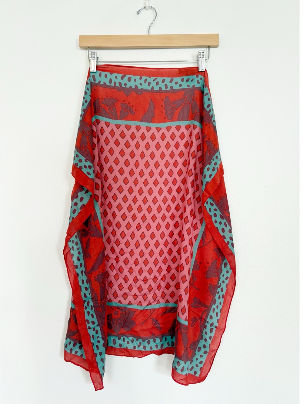 Gudrun Sjoden || Floral + Geometric Patterned Shawl Wrap Scarf Modal Red Aqua